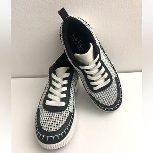 Nicole Miller New York Brita Crochet Patchwork Fashion Sneakers Black White SZ 7